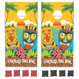 Tiki Masks and Beach Sunset with Name Cornhole Set