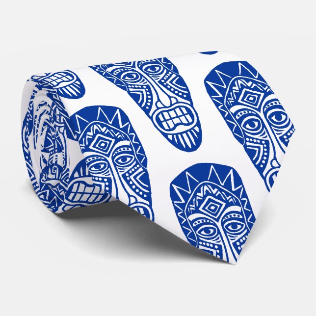 Tiki Masks - Navy on White Neck Tie (Rolled)