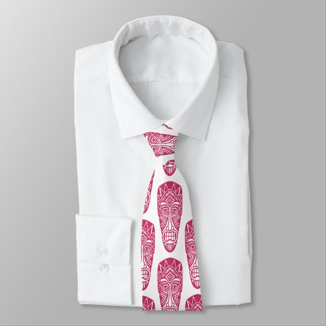 Tiki Masks - Regal Red on White Neck Tie (Tied)