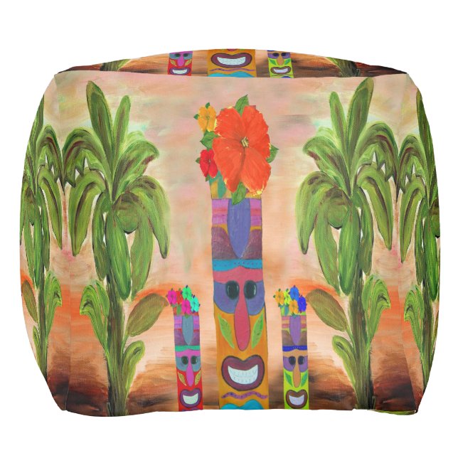 Tiki men tropical design beach house pouf ottoman. (Front)