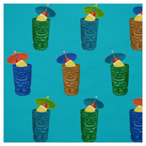 Tiki Mugs Retro Hawaiian Tropical Drinks Fabric