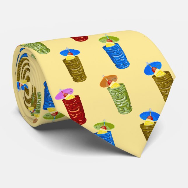 Tiki Mugs Tropical Drinks Two-Sided Printed Neck Tie (Rolled)