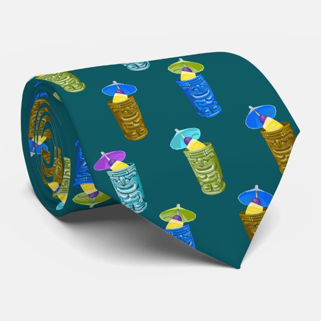 Tiki Mugs Tropical Drinks Two-Sided Printed Neck Tie (Rolled)