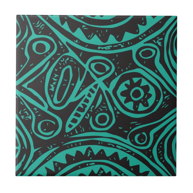 Tiki Pattern Black and Green Ceramic Tile (Front)