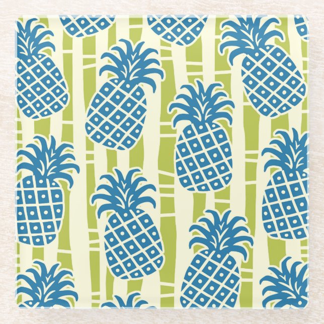 Tiki Pineapple Bamboo Stripes Pattern Glass Coaster (Front)