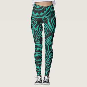 Tiki Polynesian Pattern Black and Green  Leggings