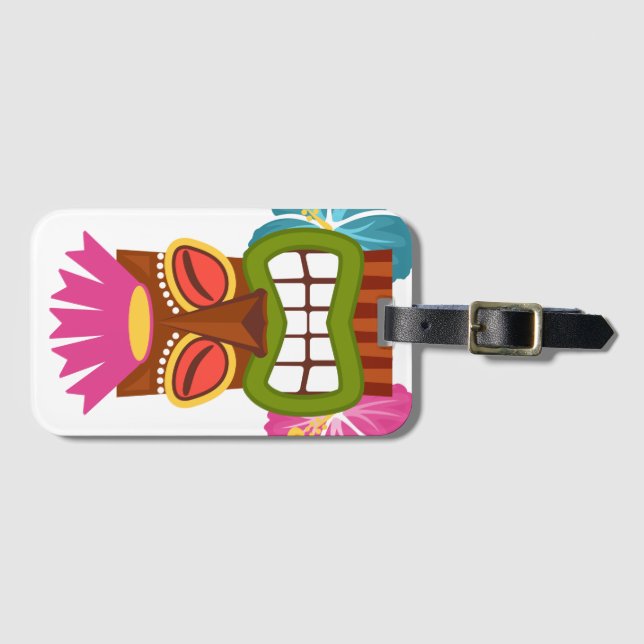 Tiki Statue Hawaiian God Hibiscus Flowers Luggage Tag (Front Horizontal)