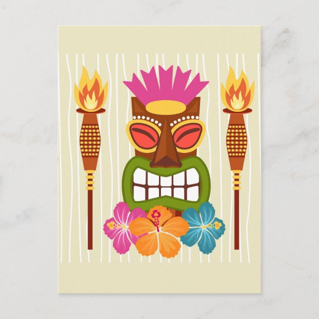 Tiki Statue, Torches and Hibiscus Flower  Postcard (Front)