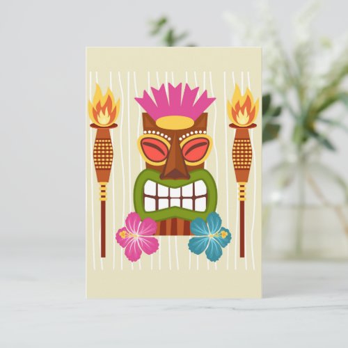 Tiki Statue Torches and Hibiscus Flower Thank You Card