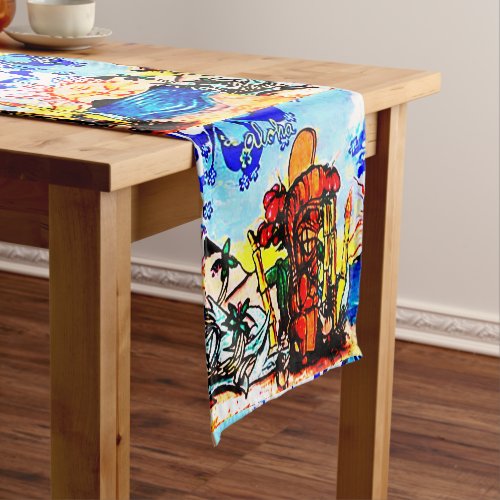 Tiki Statue with Menehune and Hibiscus Short Table Runner