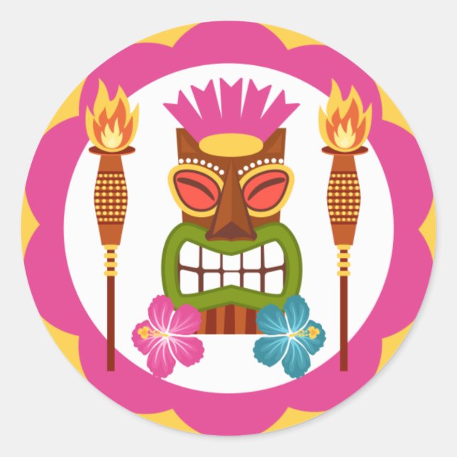 Tiki Statue with Torches Classic Round Sticker (Front)