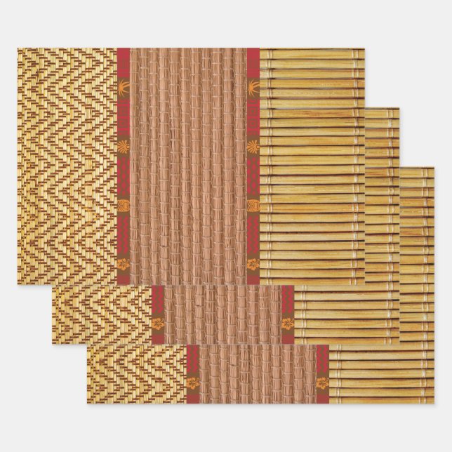 Tiki textures faux bamboo and reed wrapping paper sheets (Set)