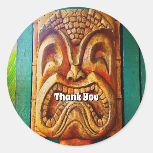 Tiki Thank You Fun Cool Hawaii Tropical Wood Face Classic Round Sticker