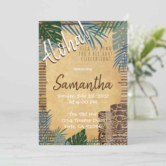 Tiki Theme Hawaiian Bamboo Island feel Green Blue Invitation (Standing Front)