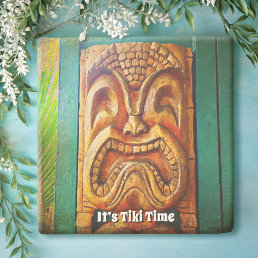 Tiki Time Fierce Vintage Hawaii Wood Carving Face Stone Coaster