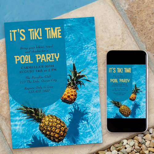 Tiki Time Pool Party 30th or any age Birthday Invitation