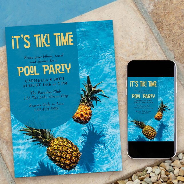Tiki Time Pool Party 30th or any age Birthday Invitation (Tiki Pool Party Invitation which you can customize for any age birthday or summer event)