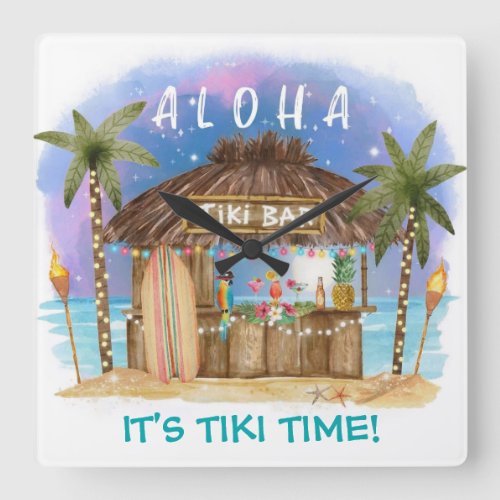 Tiki Time Tropical Beach Bar Aloha Surf  Sea Square Wall Clock