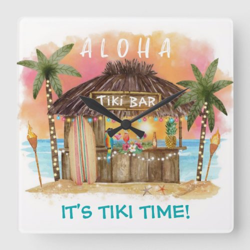 Tiki Time Tropical Beach Bar Surf  Sea Square Wall Clock