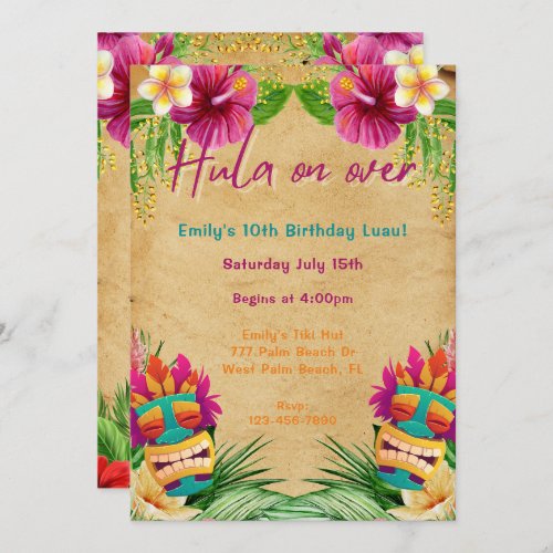 Tiki Tropical Hawaiian Luau Hula on Over Birthday  Invitation