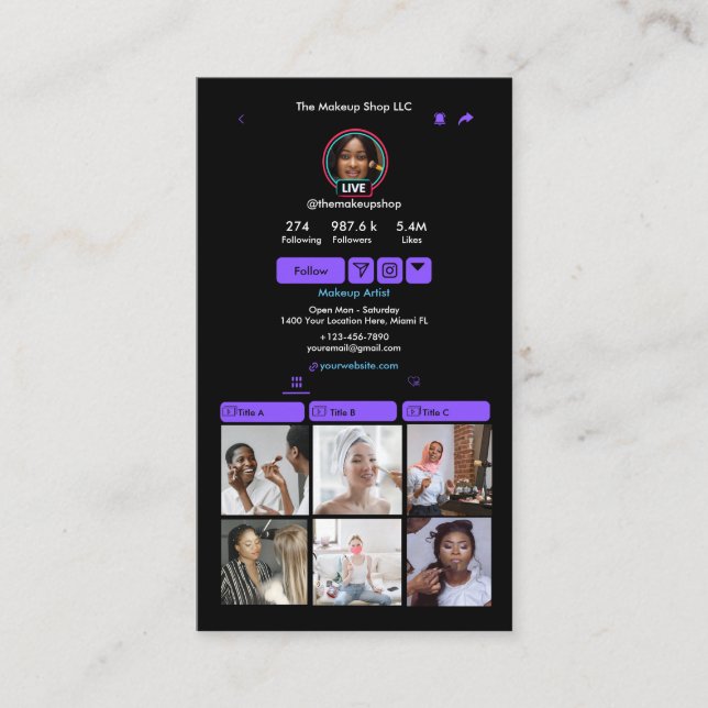 TikTok Purple Social Media QR Code Business Card (Front)