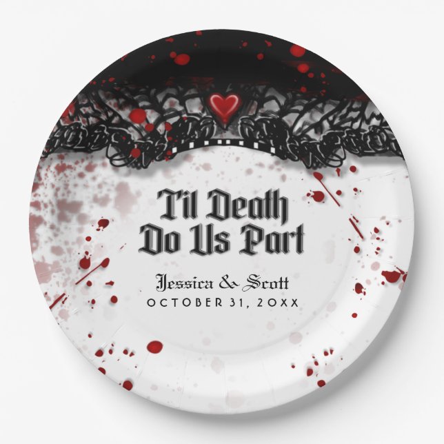 Til Death Do Us Part Blood Splatter Names Wedding Paper Plates (Front)