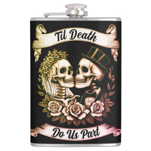 Til Death Do Us Part Bride  Groom Skeleton Flask
