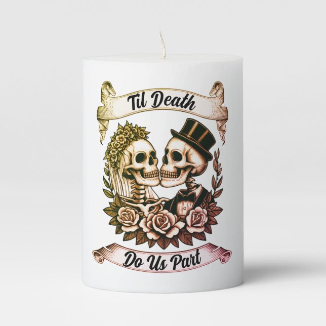 Til Death Do Us Part: Bride & Groom Skeleton Pillar Candle (Front)