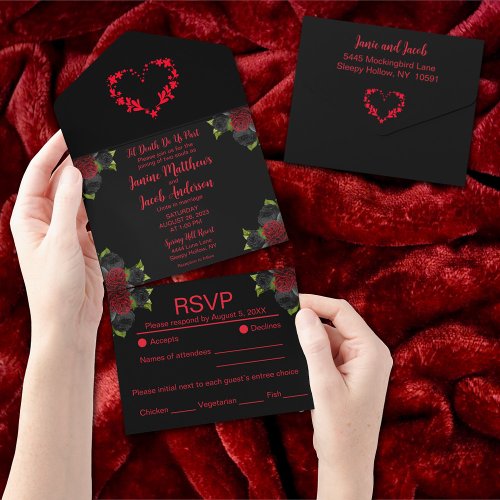 Til Death Do Us Part Gothic Black with Red Roses All In One Invitation