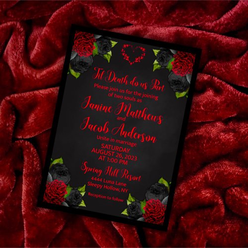 Til Death Do Us Part Gothic Black with Red Roses Invitation