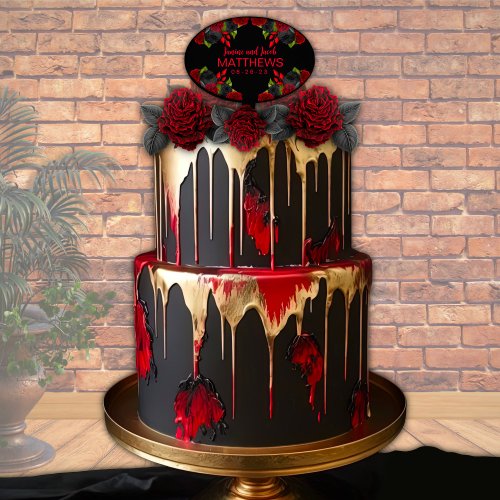 Til Death Do Us Part Gothic Red and Black Roses Cake Topper
