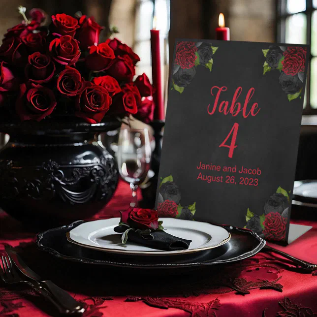 Red Roses Table Numbers Til Death Do Us Part Gothic Red Rose Table Number Pedestal Sign | Zazzle