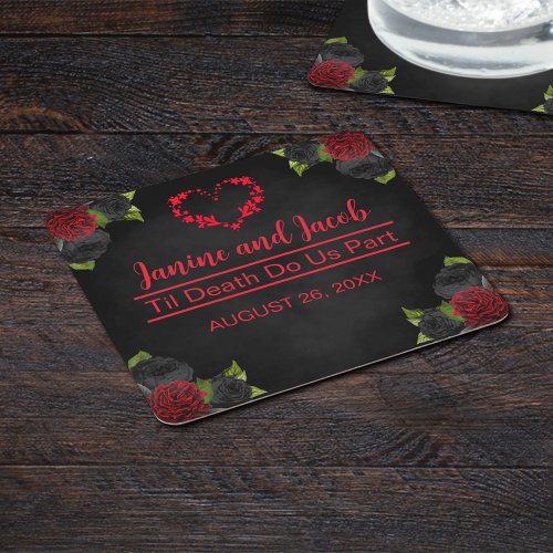 Til Death Do Us Part Gothic Red Rose Wedding  Square Paper Coaster