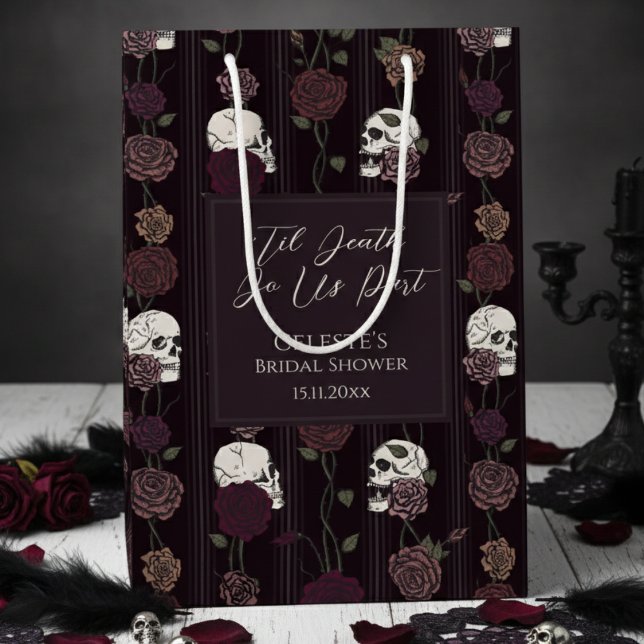 ’Til Death Do Us Part Gothic Skull & Rose Wedding Medium Gift Bag (Elegant Dark Floral Skull Til Death Do Us Part Gothic Bridal Shower Gift Bags for Halloween Wedding)