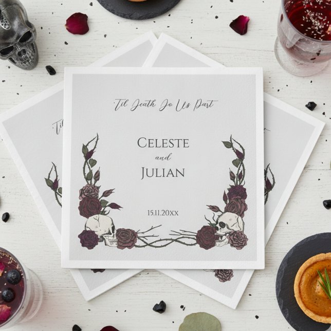 Til Death Do Us Part Gothic Skull & Rose Wedding Napkins (Til Death Gothic Wedding Napkins for Hallowedding or Gothic Party for Her. Dramatic Skull and Roses)