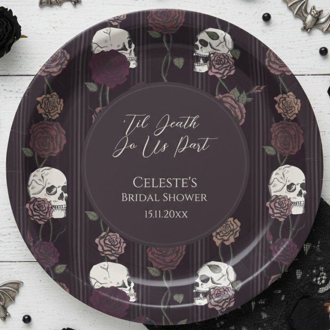 ’Til Death Do Us Part Gothic Skull & Rose Wedding Paper Plates (Dark Burgundy Floral Skull 'Til Death Do Us Part Gothic Bridal Shower Paper Plates for Hallowedding)
