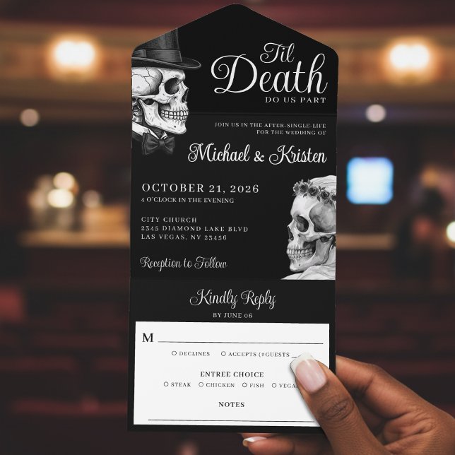 Til Death Do Us Part Gothic Skulls Black Wedding All In One Invitation (Creator Uploaded)