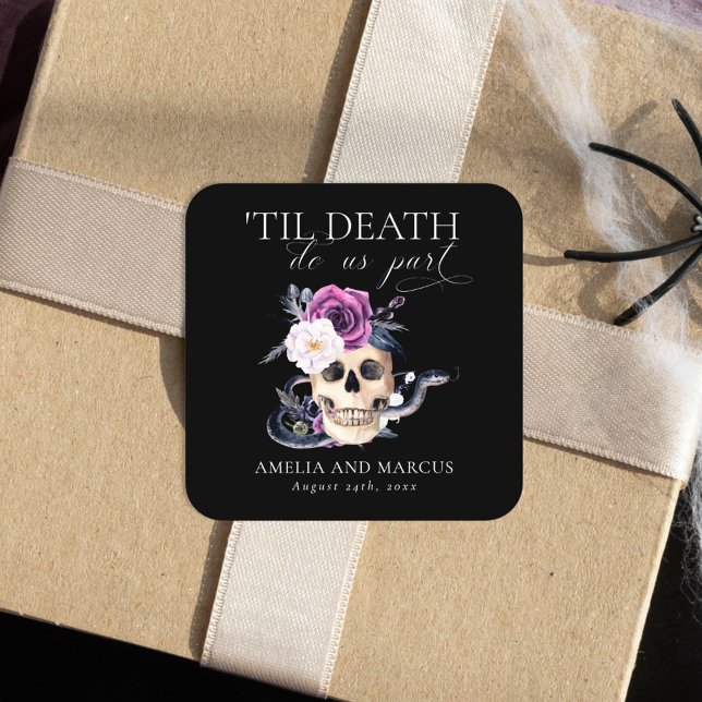 'Til Death Do Us Part Purple & Black Wedding Invit Square Sticker (Creator Uploaded)