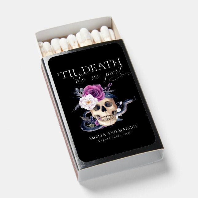 'Til Death Do Us Part Purple & Black Wedding Matchboxes (Front Open)