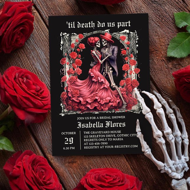 Til Death Do Us Part Skeleton Couple Bridal Shower Invitation (Til Death Do Us Part romantic skeleton couple Bridal Shower Invitation by Darling & May)