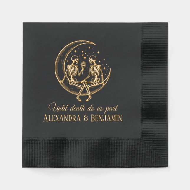 Til Death Do Us Part Skeleton Couple Crescent Moon Foil Napkins (Front)