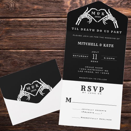 Til Death Do Us Part Skeleton Heart Hand Wedding All In One Invitation