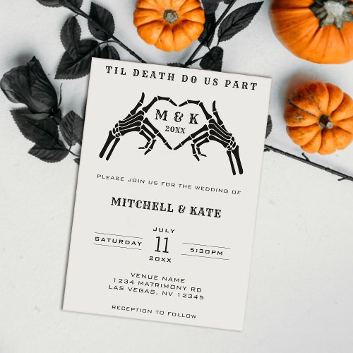 Til Death Do Us Part Skeleton Heart Hand Wedding Invitation