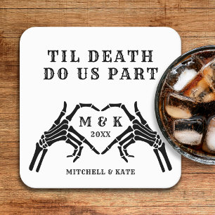 Til Death Do Us Part Skeleton Heart Hand Wedding Square Paper Coaster
