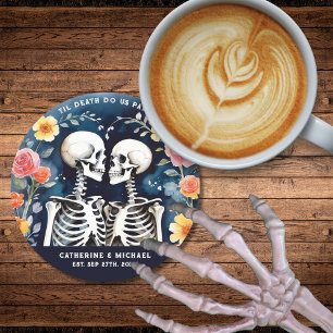 Til Death Do Us Part Skeletons Gothic Wedding Round Paper Coaster