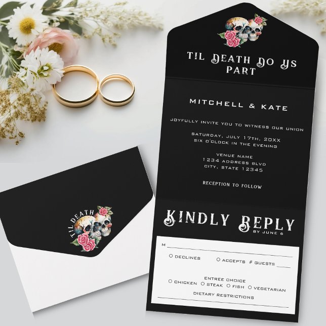 Til Death Do Us Part Skulls & Roses Black Wedding All In One Invitation (Til Death Do Us Part Skulls & Roses Black Wedding All In One Invitation)