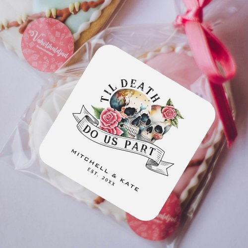 Til Death Do Us Part Skulls  Roses White Wedding Square Sticker