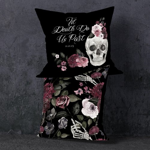 Til Death Do Us Part Watercolor Skeleton Rose Goth Throw Pillow