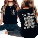 Til Death Do We Party Personalized Bachelorette  T-Shirt<br><div class="desc">Unleash your inner rockstar with our "Til Death Do We Party" Personalized Bachelorette T-Shirt. Featuring a retro checkered skeleton design, this shirt is perfect for a die-hard bachelorette party. The vintage-inspired graphics and spooky theme make it a standout piece for any Halloween or rock and roll-themed celebration, ensuring your bridal...</div>