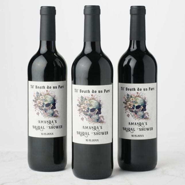 Til Death Floral Skull Gothic Bridal Shower  Wine Label (Bottles)